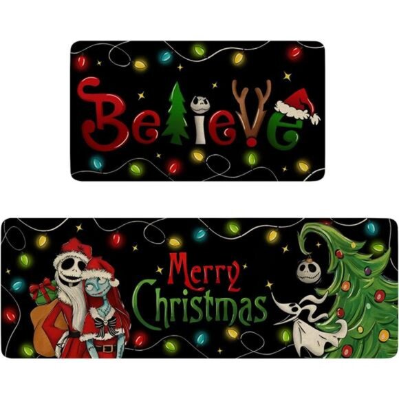Merry Christmas Believe Kitchen Rug Set of 2,Xmas Jack Skellington Sally Black